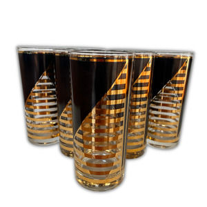 Vintage MCM Culver Highball Heavy Black Gold Stripe Geometric Glasses Set of 7